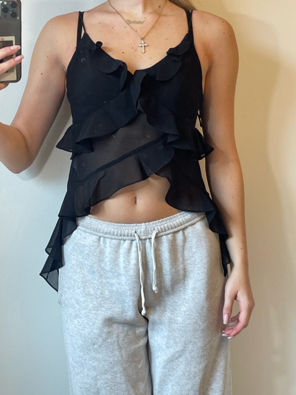 OAK + FORT Black Ruffled V-Neck Sheer Camisole